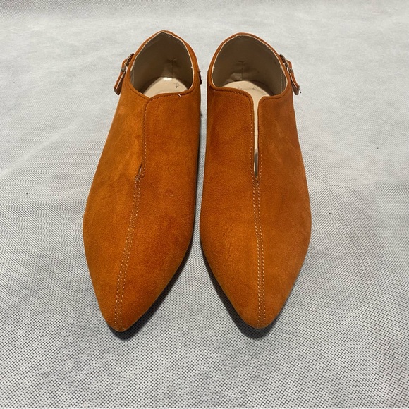 Shoes - Chic Orange/Rust Suede-like Pointed-Toe Flats with Gold Buckle